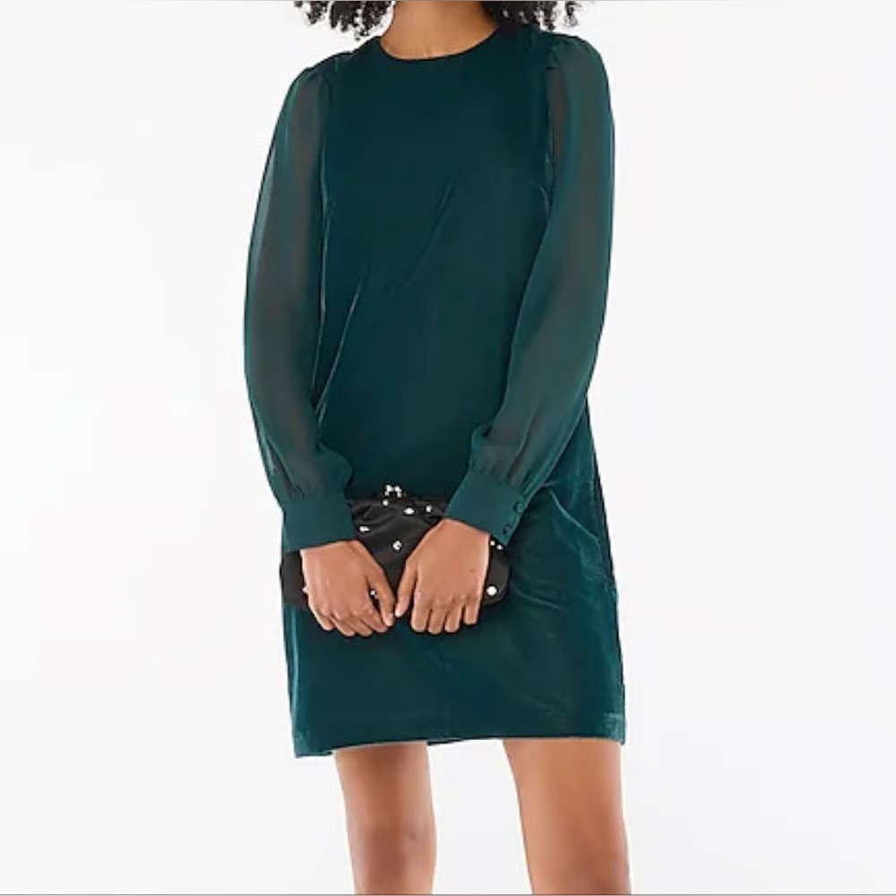 J.Crew Velvet Shift Sheath Dress + Chiffon Sleeves Teal Blue  Green Size 14 NWT